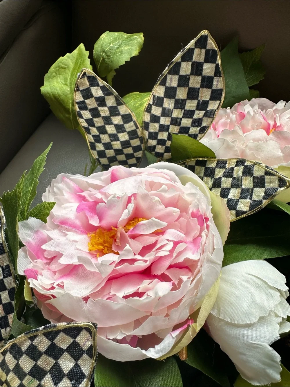 Mackenzie Childs Pink Peony Floral Wreath with Green Leaves - Home Accents